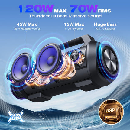 W-KING Bluetooth Speaker, 120W Peak Stereo Sound, Music Box with BassUp, DSP, EQ, IPX6 Waterproof, LED Light, 42h Battery, MIC-in, Power Bank, Large Bluetooth Party Speakers for Outdoors, Camping, Garden