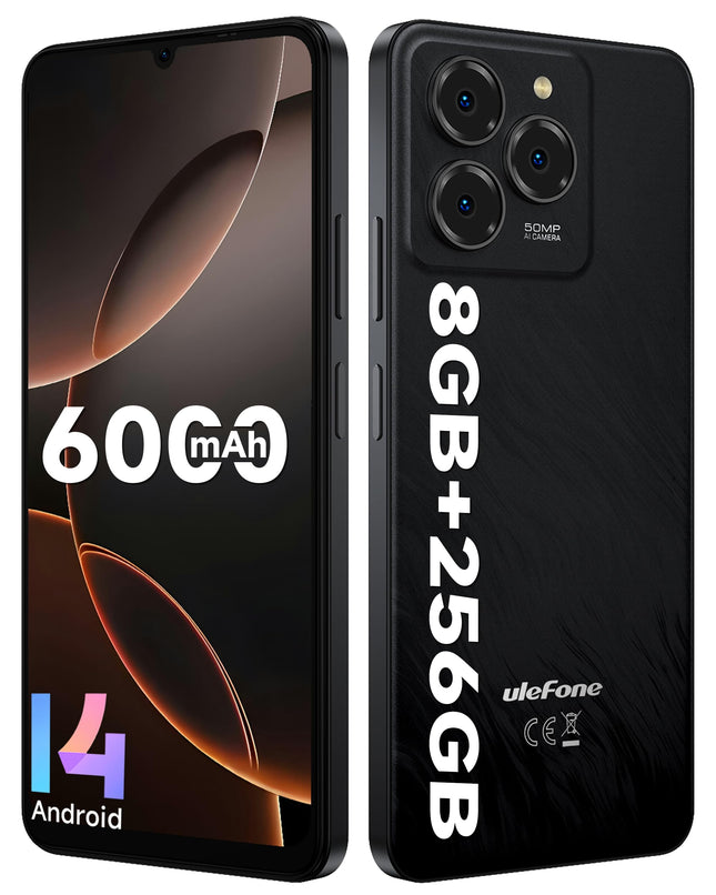 Ulefone Note 20 Pro mobiiltelefon Android 14, 8 GB RAM + 256 GB ROM / SD-1TB, 50MP + 8MP kaamera Octa Core 6.75" HD+ Widevine L1, 6000mAh aku, Dual SIM 4G nutitelefon ilma lepinguta Face ID/Sõrmejäljelugeja/GPS/OTG must