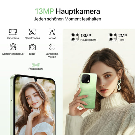 UMIDIGI G9T mobiiltelefon, Android 14 nutitelefon ilma lepinguta, 6,75 tolli 90Hz, 8 GB RAM 128 GB ROM 1 TB, 5000mAh, 13MP 8MP, kahe SIM-kaardiga 4G lukustamata mobiiltelefonid, sõrmejäljelugeja ja näotuvastus, GPS, 2,4G 5G WiFi, roheline