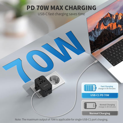 EPICKA ülemaailmne reisiadapter, GaN universaalne reisipistik 70W PD kiirlaadija, reisiadapter 3 USB-C, 2 USB-A, rahvusvahelise pistikupesaga adapteriga Saksamaale, USA-le, Suurbritanniale, Jaapanile ja Taile TA-105 Pro
