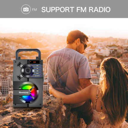 TOMPROAD Bluetooth Speaker, Portable Bluetooth Box with Subwoofer, Wireless Stereo Sound, Rich Bass, Party Speaker, Supports FM Radio, Remote Control, LED Lights (Black)