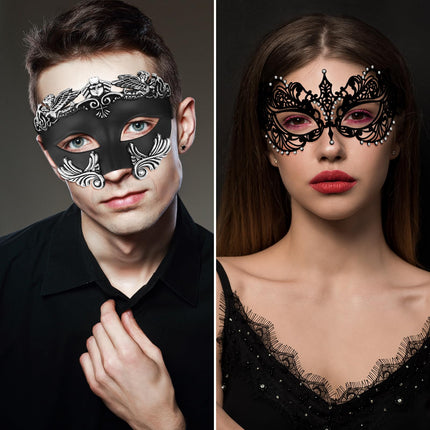 OIDEA Metal Mask Venetian for Couples: Black 2 Pieces Couple Masquerade with Sexy Rhinestone Eye Mask for Partner Costume Carnival Cosplay Party Masquerade for Women Men