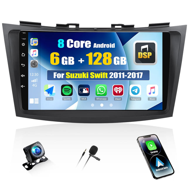 6+128G 8-core CAMECHO Car Radio for Suzuki Swift 2011-2017 with Rear View Camera, 9 inch Android 13 Wireless Carplay Bluetooth Radio with Android Auto WiFi GPS FM/RDS DSP Mirror Link with HD Touchscreen