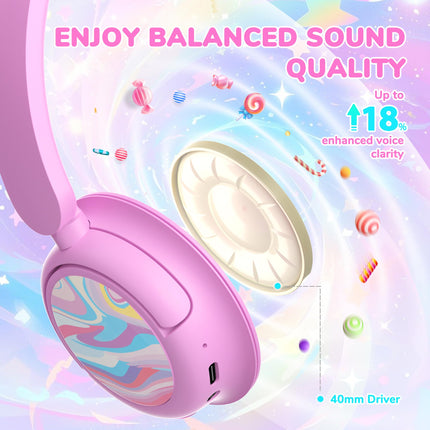 iClever Bluetooth headphones for kids, 60-hour battery life, 74/85 dBA volume limit, stereo sound, Type-C, Bluetooth 5.4, wireless over-ear children's headphones, pink stripes