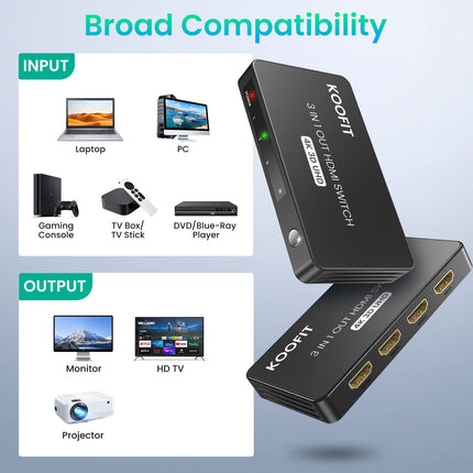 HDMI-lüliti automaatne, HDMI-lüliti 4k jaotur 3 sisse ja 1 välja, lüliti kaugjuhtimispuldiga, jaotur toetab UHD 4K 3D HDR HDCP1.4 TV Stick Xbox PS4 Blu-Ray DVD jaoks
