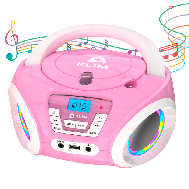 KLIM Candy laste CD-mängija - UUS 2024 - FM-raadio - Patareid kaasas - Roosa - Kaasaskantav Boombox - CD-mängija lastele - Kõlaritega, Väikelastele (Roosa)