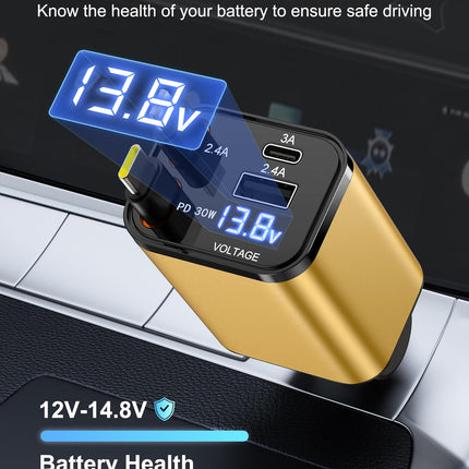 Gritin 4 in 1 USB C Cigarette Lighter, 69W Car Charger Adapter with Voltage Display &amp; Adaptive Charging Technology, USB Fast Charger for iPhone 16/15/14/iPad/Galaxy/Android etc. - Yellow