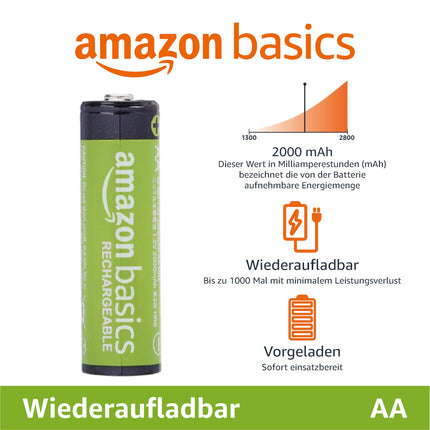 Amazon Basics AA NiMH laetavad akud, 2000 mAh, laeb kuni 1000 korda, eelnevalt laetud, 16 tk