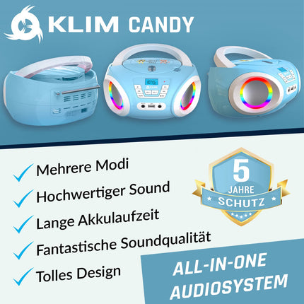 KLIM Candy Kids Boombox CD Player for Children NEW + FM Radio + Batteries Included + Blue Radio - CD Player for Children with Speakers + Perfect for Children and Toddlers