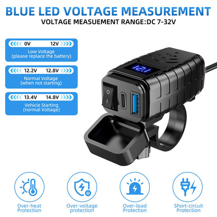 Lhdfyqt kahe USB-ga mootorratta telefonilaadija, mootorratta laadija, kiirühendusega adapter, toitepistik, QC3.0 PD, C-tüüpi ja USB, sõltumatu lüliti ja LED-voltmeetriga