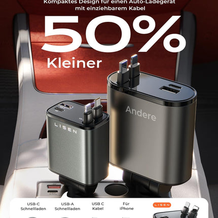 LISEN 4-ühes autolaadija 69W sigaretisüütaja USB-C adapter, telkimistarvikud, autovidinad BMW-le, Audile, Mercedes-Benzile, VW-le, veoautodele ja paljudele teistele, meeste kingitused, autotarvikud iPhone 16 Pro Maxile