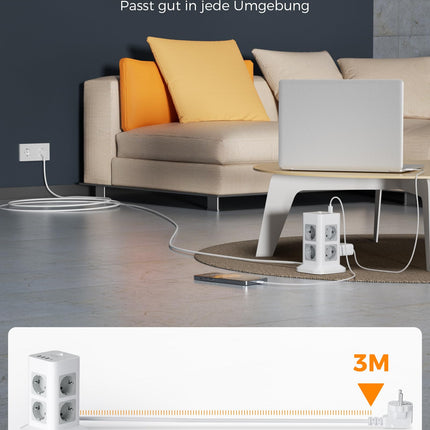 TESSAN 8-suunaline pikendusjuhe USB C ja 3 USB A pistikutega, jaotuspistiku pikenduskaabel 3M, pikendusjuhe ülepingekaitsega, mitmikpistik lülitiga koduseks kasutamiseks, toitetorn 3600W