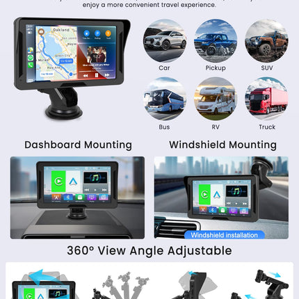 Rimoody Wireless Carplay &amp; Android Auto Display, Portable Car Radio, 7 Inch HD Touchscreen with Android Auto/Airplay/Android Cast/Dual Bluetooth/FM Transmitter/Mirror Link/TF/AUX/EQ/Live Navigation