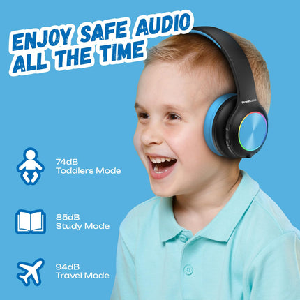 Laste Bluetooth-kõrvaklapid, PowerLocus laste juhtmevabad kõrvaklapid LED-tuledega, helitugevuse piirang 74/85/94dB, kokkupandav peakomplekt, HD-stereo, Micro SD, sisseehitatud mikrofon kooli/sülearvuti/mobiiltelefoni/teleri jaoks