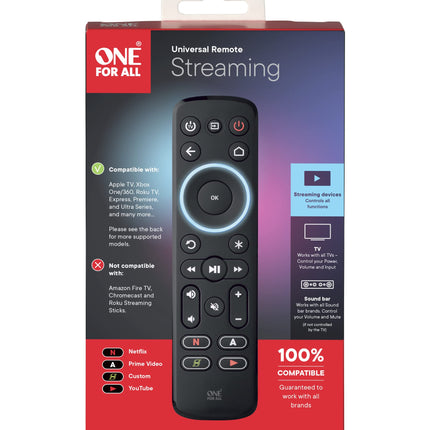 One For All Streamer kaugjuhtimispult multimeediaboksile - juhi kuni 3 seadet - (Roku, Apple TV jne), telereid ja heliribasid - must - URC7935