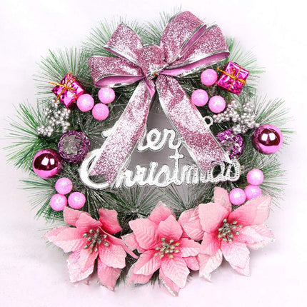 Warmiehomy Christmas Wreath, 30 cm Artificial Front Door Wreath, Hanging Garland with Flowers and Bow, Christmas Decoration, New Year Decoration, Gift, Pink