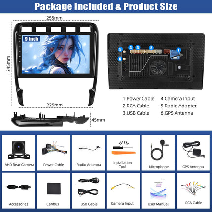 CAMECHO Qualcomm 8-tuumaline 4+64G Android 15 DSP autoraadio Porsche Cayenne'ile 2002-2010 koos tahavaatekaameraga, 9-tolline juhtmevaba Carplay IPS Bluetooth raadio Android Auto WiFi GPS FM/RDS + ventilaatoriga jahutusega