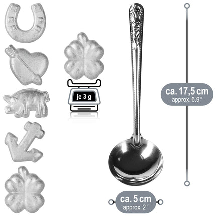 com-four® tinavalu 5 raske figuuri ja 1 lusikaga, uusaastaöö valu, ennustamise peomäng, tervislik alternatiiv pliivalule (mugavus - 3g - 6 tükki)