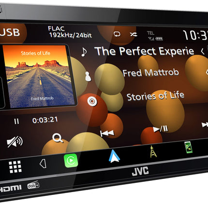 JVC KW-M875DBW - 17,3 cm (6,8") digitaalne meedia AV-vastuvõtja juhtmevaba CarPlay ja Android Auto funktsiooniga (4x50W, DAB+/FM, BT, 3x eelväljundit 4V, USB-C, iPod/iPhone'i juhtimine)