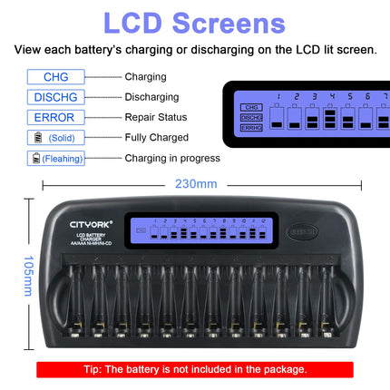 CITYORK 12 pesaga LCD-nutilaadija sisseehitatud IC-kaitsega, AA/AAA NI-MH/NI laetavatele akudele koos vahelduvvooluadapteriga