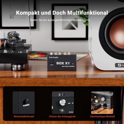 Fosi Audio BOX X1 Phono eelvõimendi, MM-plaadimängijate eelvõimendi 3,5 mm kõrvaklapipesa ja RCA väljundiga, sh toitelüliti – ideaalne fono eelvõimendi vinüülihuvilistele