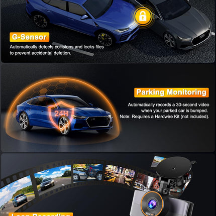 Auto videoregistraator ees/taga 4K+1080P, WiFi videoregistraator 64GB mälukaardiga, 3" IPS ekraan, öönägemine+WDR, G-sensor, tsükkelsalvestus, 170°+140° lainurk, 24H parkimisrežiim, rakenduse juhtimine, tugi max 256GB