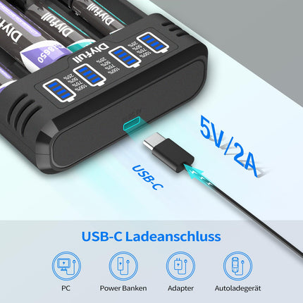 Dlyfull 18650 laadija, 4 pesaga universaalne akulaadija LED-ekraaniga, kiire USB-C akulaadija 18650 21700 17500 16340 26650 AA AAA C 3,7 V liitiumioonakude ja 1,2 V NI-MH/NI-CD aku jaoks