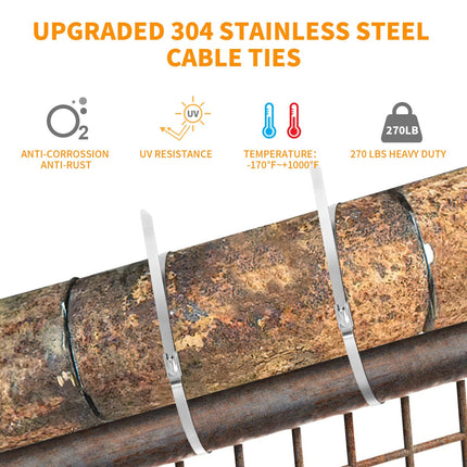 100 metallist kaablisidemet, 800 mm × 4,6 mm, roostevabast terasest metallist kaablisidemed, kandevõime 122 kg, roostevabast terasest kaabliside (304), sobib õhupuhasti mähkimiseks, aia ja välistingimustes kasutatavate varikatuste jaoks.