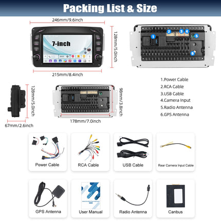 2 GB + 64 GB RAM-iga CAMECHO Android 13 autoraadio navigatsiooniga Mercedes Benz C, CLK, G-klassi W203, W209, W463, Viano, Vito, W639 autodele, kahe DIN-raadio 7-tollise ekraaniga, peegliühendusega RDS/FM Bluetooth+DSP
