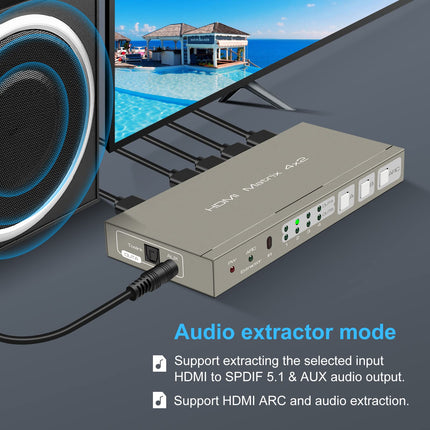 HDMI maatrikslüliti 4 sisendi ja 2 väljundiga 4K60Hz jaotur optilise ja 3,5 mm AUX-heli väljundiga, toetab EDID HDCP2.2 18G HDR10 ARC