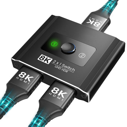 HDMI 2.1 lüliti, 8K HDMI jaotur 4k 120hz UHD kiire 48Gbps HDMI lüliti kahesuunaline 2 sisendit 1 väljund või 1 sisend 2 väljundit, HDMI jaotur toetab HDCP 2.2 3D HDR-i Fire TV Stick UHD TV PS5 Xboxi jaoks