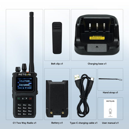 Retevis C1 kahesageduslik raadiosaatja, vastupidav, veekindel IP67, 250 kanalit, mürasummutus, sub-PTT, 1800mAh pika levialaga amatöörraadio singijahiks (must, 1 pakk)