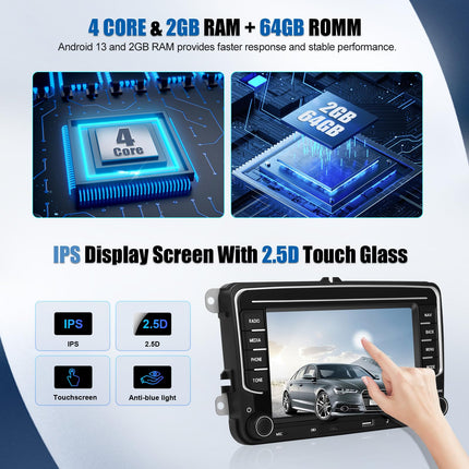 2+64G CAMECHO Android 13 autoraadio VW Golf 5, Golf 6, Skoda Polo, Passat Tiguan Touranile koos Carplay/Android Auto/Mirrorlinkiga, 7-tolline mahtuvuslik puuteekraan WiFi, GPS, FM, Bluetooth