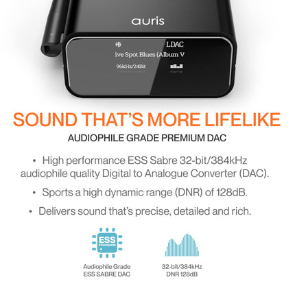 Auris Blume Pro Hi-Fi Bluetooth 5.3 Music Receiver - Bluetooth adapter with audiophile DAC, LDAC, AptX HD, OLED display, optical coaxial AUX output for home stereo, AV receiver or amplifier