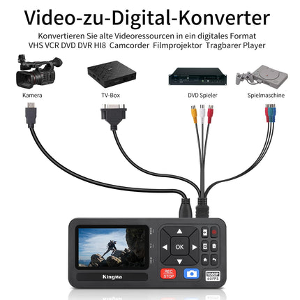 King Ma 3inch Video Grabber, 1080P 60FPS VHS Video Recorder Digitize Capture from HDMI, RCA, VCR, DVD, VHS Tapes, Hi8, Camcorders, Gaming TF/SD/USB Storage (HDMI)
