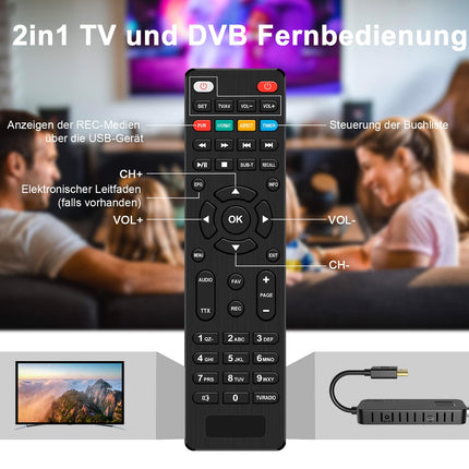 Dcolor DVB-T2 digitaalne maapealne dekooder - HDMI TV Stick, Dolby Audio HD 1080P H265 HEVC Main 10-bitine, toetab USB WiFi/Multimeediat/PVR-i [sisaldab 2-ühes universaalset kaugjuhtimispulti]