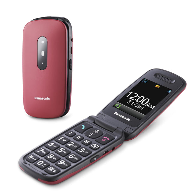 Panasonic KX-TU446EXR seenioride mobiiltelefon ilma lepinguta (SOS-hädaabikõne nupp, põrutuskindel, häälevõimendi, suured eraldi klahvid, suur fondi ja numbrite ekraan, valgus, 2,4-tolline värviline ekraan, klapitav telefon, punane)