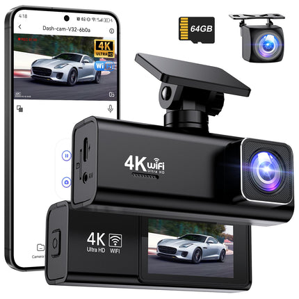 Topabol autoregistraator, 4K + 1080P autoregistraator ees ja taga, WiFi-ga autoregistraator 64 GB SD-kaardiga, kahekordne autokaamera öönägemisega, 170° lainurk WDR, G-andur, tsükkelsalvestus, rakenduse juhtimine, max 256 GB