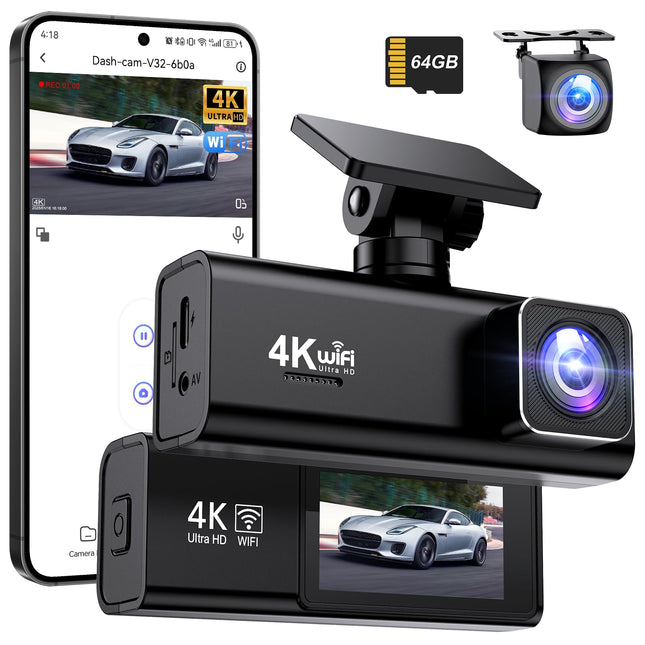 Topabol autoregistraator, 4K + 1080P autoregistraator ees ja taga, WiFi-ga autoregistraator 64 GB SD-kaardiga, kahekordne autokaamera öönägemisega, 170° lainurk WDR, G-andur, tsükkelsalvestus, rakenduse juhtimine, max 256 GB