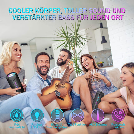 Portable Bluetooth speaker with deep bass, IP66 waterproof, dustproof, RGB lighting, AUX/TF, wireless box with 30W TWS stereo, 30 hours battery life speaker for home, outdoors, cycling