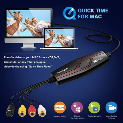DIGITNOW! Video Grabber teisendab Hi8 VHS-i digitaalsele DVD-le Windows 10 / Maci jaoks, videokaart Scart / AV-adapteriga, ühe puutega videosalvesti - redigeeri, salvesta ja kirjuta DVD-le