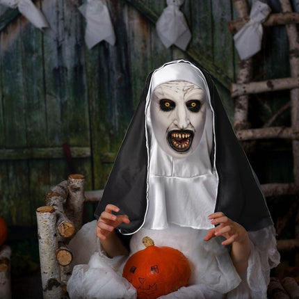 MXJFYY hirmutavad halloweeni maskid, jube nunna mask, halloweeni nunna cosplay hirmutav lateksist õudusmask pearätiga täiskasvanutele halloweeni cosplay kostüümipeo rekvisiidid