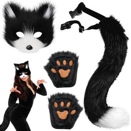 AUNGKWANG 3 Pieces Black and White Furry Fox Mask, Tail and Paws Gloves Set, Cosplay Costume Accessory for Halloween Christmas Carnival Party Dressing Up for Kids and Adults