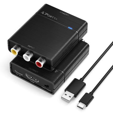 PORTTA RCA to HDMI Adapter, Composite CVBS AV to HDMI Converter 1080P, AV to HDMIOUT Adapter Upscaler, Support PAL/NTSC, Compatible with VHS, VCR, PS3, N64, Wii, STB, Xbox, Blue-Ray DVD Players