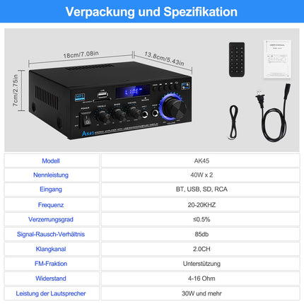 HiFi võimendi AK45 Mini Bluetooth stereo helivõimendi vastuvõtja 12V/220V 400W 2 kanaliga digitaalne võimsusvõimendi helivõimendi FM-raadio, SD/USB-kaardi sisendiga, koju või autosse