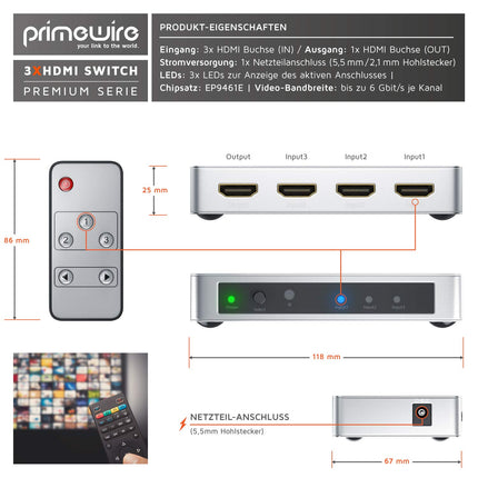 CSL - HDMI-lüliti 4k 60Hz kaugjuhtimispuldiga - 3 sisendit, 1 väljund - 3 pordiga Ultra HD-lüliti - automaatne lülitus - Ultra HD 4096x2160-36-bitine sügavvärv - HDCP