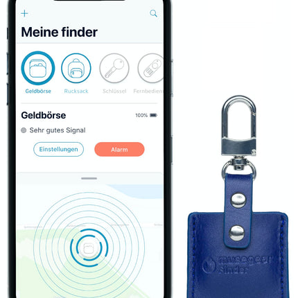 MuseGeari võtmeleidja Bluetooth-rakendusega Saksamaalt tumesinises nahkümbrises I Finder helesinine I iOS-ile ja Androidile I Find võtmed