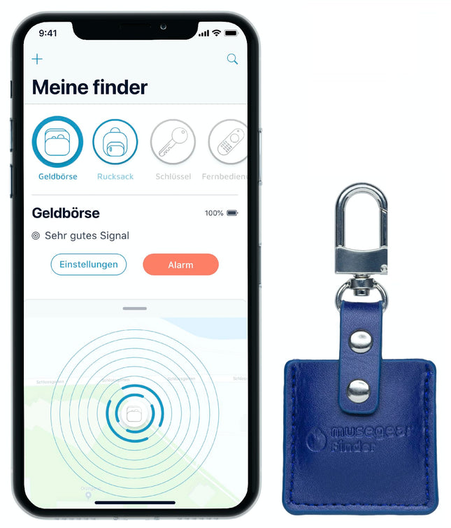 MuseGeari võtmeleidja Bluetooth-rakendusega Saksamaalt tumesinises nahkümbrises I Finder helesinine I iOS-ile ja Androidile I Find võtmed
