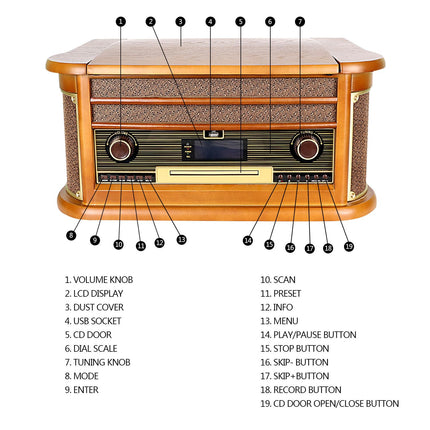 Plaadimängija 9-ühes DAB vinüülplaadimängija, vintage-stiilis puit, Bluetoothi/FM/stereokõlari/CD/MP3/kasseti/USB-ga