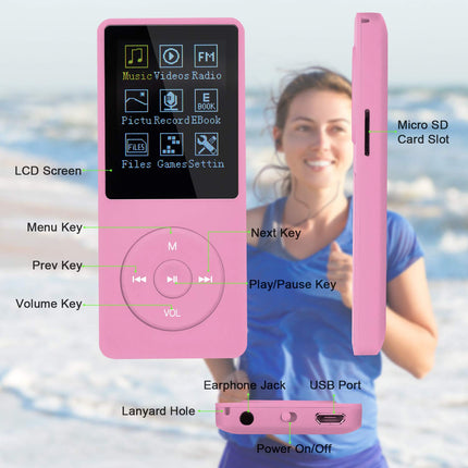 COVVY 8GB Portable MP3 Music Player, Supports up to 64GB SD Card, Lossless Sound HiFi MP3 Player, Music/Video/Voice Recording/FM Radio/E-Book Reader/Photo Viewer (8G, Pink)